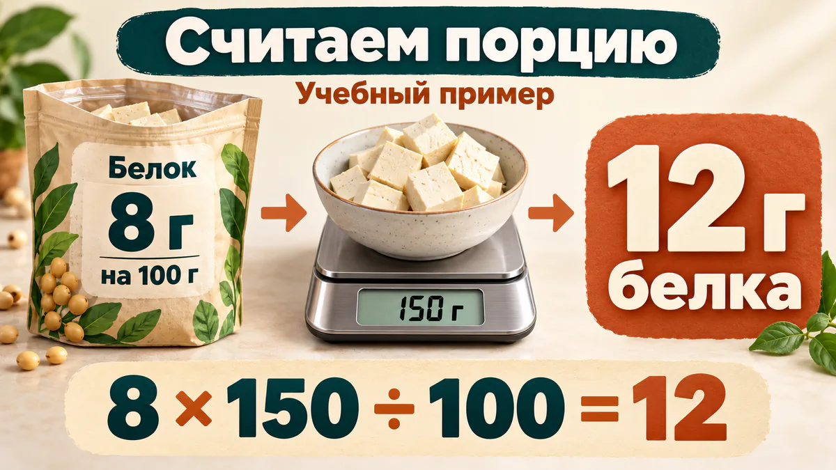 Учебный расчёт: 8 г белка на 100 г продукта, порция на весах 150 г, результат 12 г белка