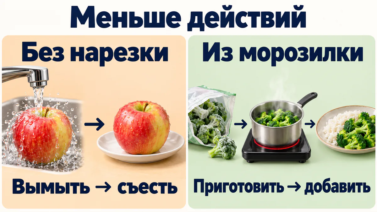 Два коротких пути: вымыть целое яблоко; приготовить замороженную брокколи и добавить к еде