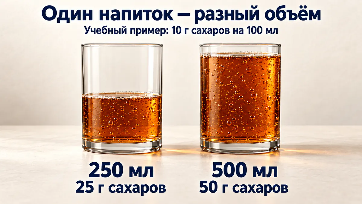 Два одинаковых стакана: 250 мл условного напитка содержат 25 г сахаров, а 500 мл — 50 г при одинаковой концентрации