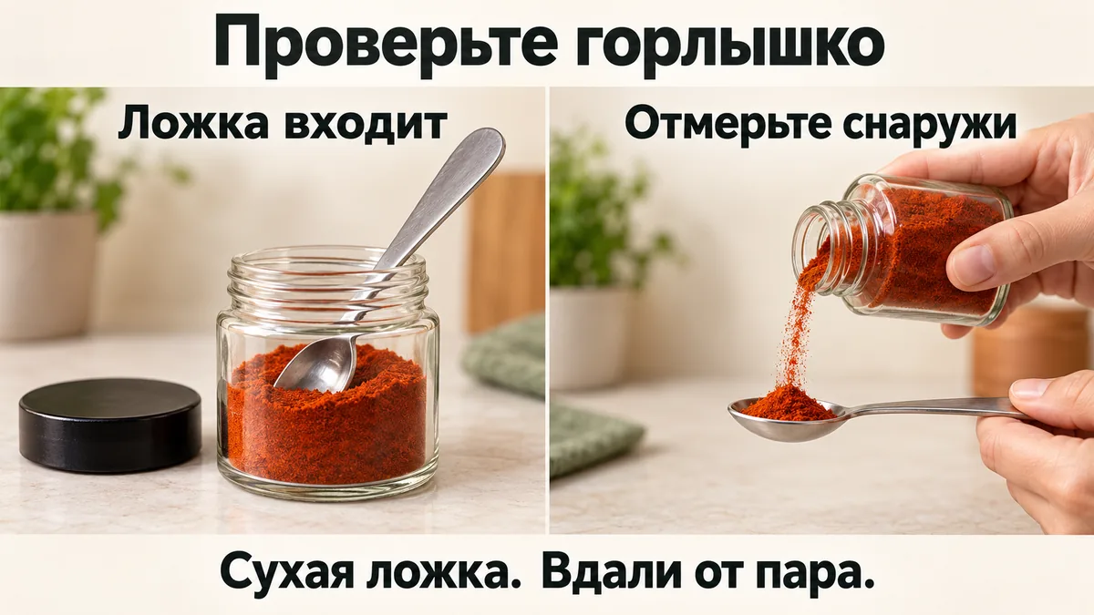Сравнение горлышек: в широкую банку входит ложка, из узкой специи отсыпают на сухую ложку снаружи