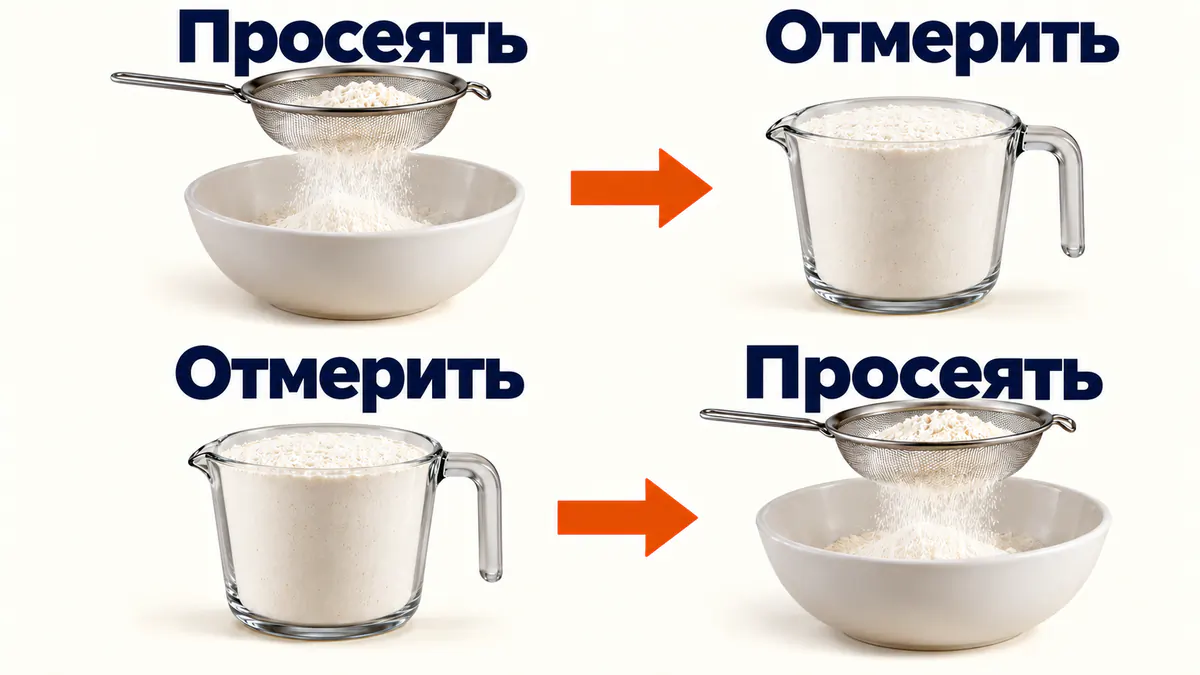 Два порядка работы с мукой: сначала просеять и отмерить или сначала отмерить и просеять