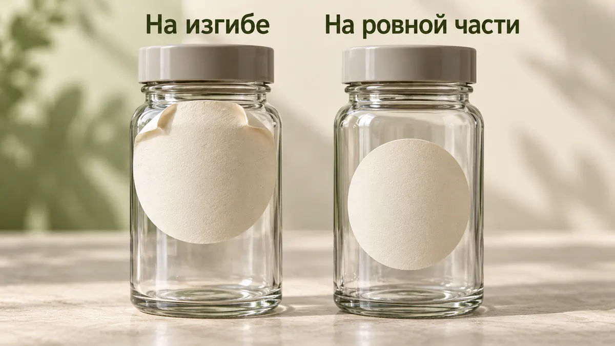 Бумажный круг на плечиках банки образует складки, а на ровной части стенки лежит гладко