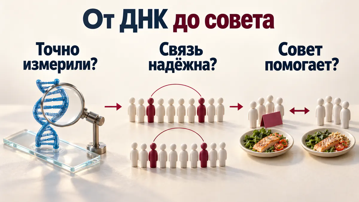 Три проверки на пути от ДНК к рекомендации: точность измерения, надёжность связи и сравнение пользы совета