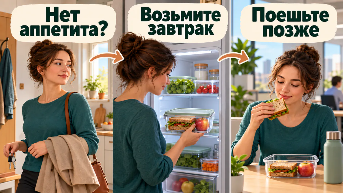 Три сцены: женщина собирается утром, берёт подготовленный завтрак из холодильника и ест позже на перерыве