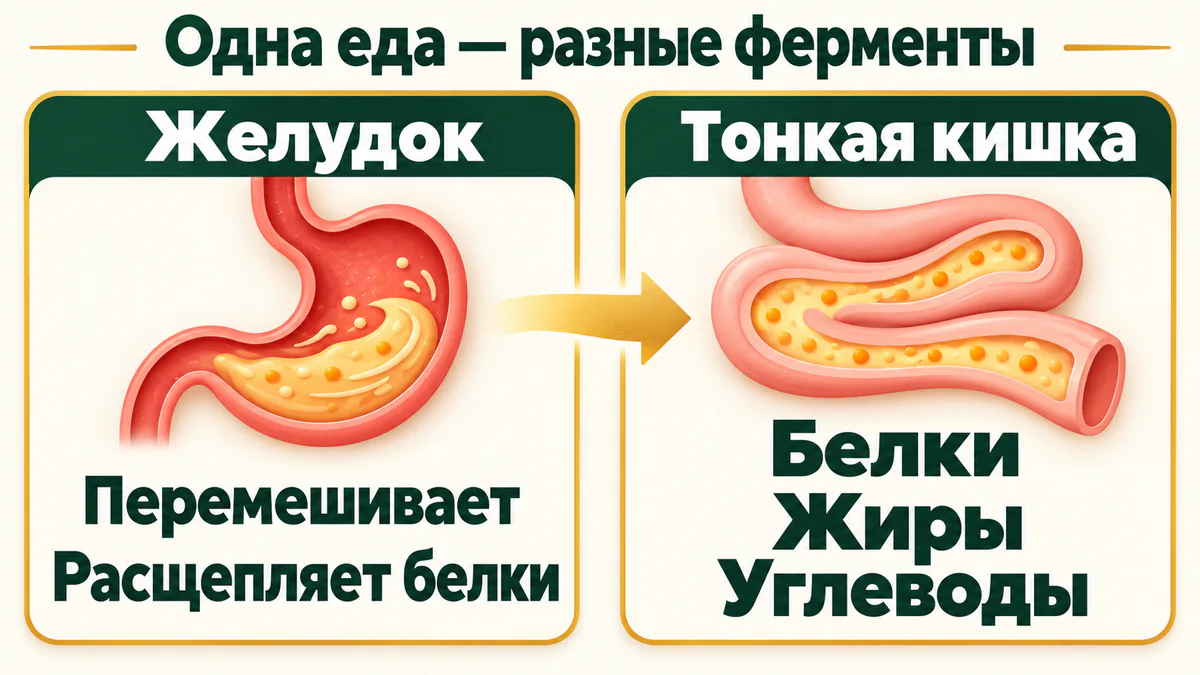 Два этапа переваривания смешанной пищи: желудок перемешивает её и начинает переваривание белков, в тонкой кишке действуют ферменты для белков, жиров и углеводов