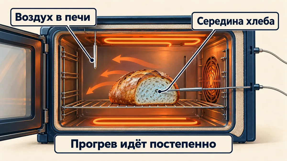 Два датчика на схеме духовки: один измеряет температуру воздуха, другой — середины хлеба
