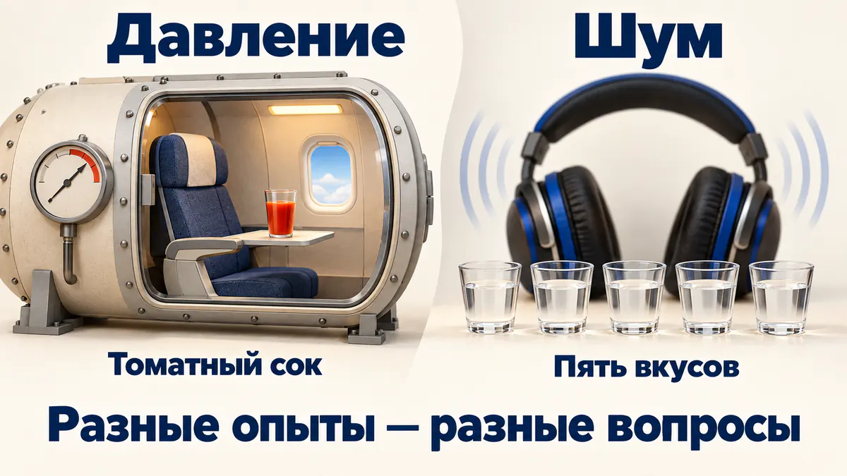 Два разных опыта: камера с томатным соком для изменения давления и наушники с пятью прозрачными вкусовыми пробами для проверки шума