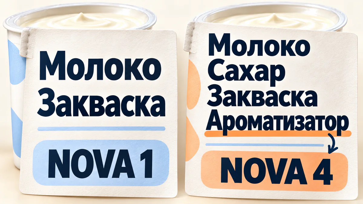 Сравнение составов двух йогуртов: молоко и закваска — NOVA 1; ароматизатор выделен как признак NOVA 4 во втором составе