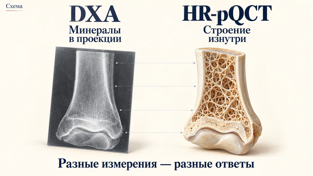 Два условных представления одной кости: плоская проекция DXA и объёмный срез с внутренним строением для HR-pQCT
